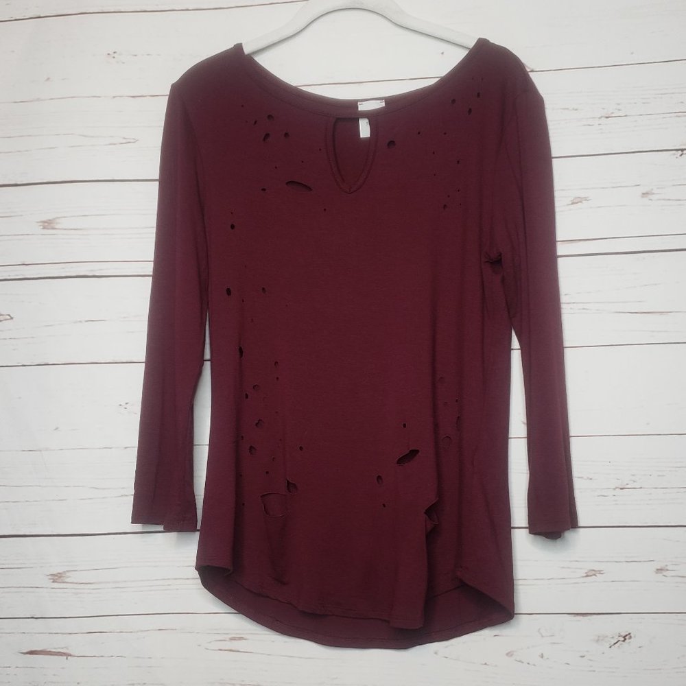 Color Swatch Burgundy Shredded Long Sleeve Tee
